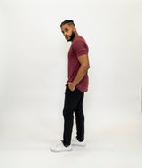 Trailhead Pants styled with a maroon shirt on a male model